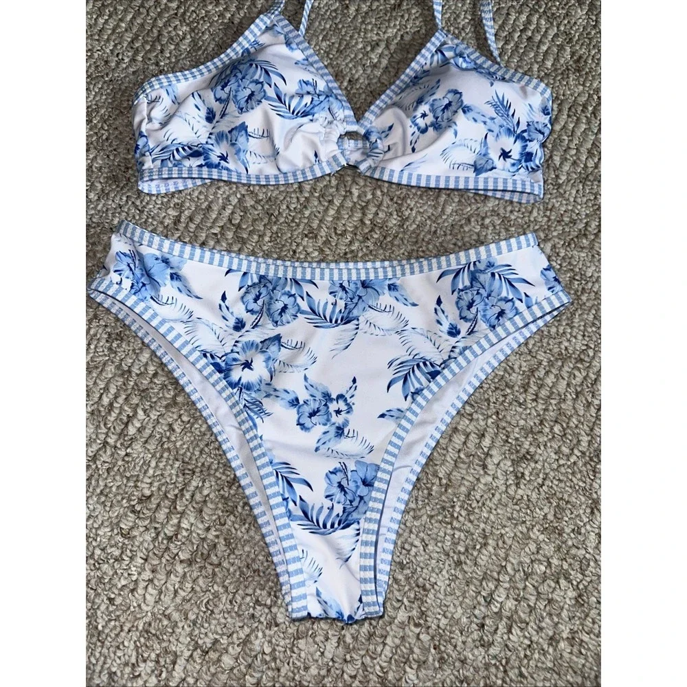 Women's Blue White Floral 2-Piece Bikini Bralette High-Waisted Stretch Small EUC